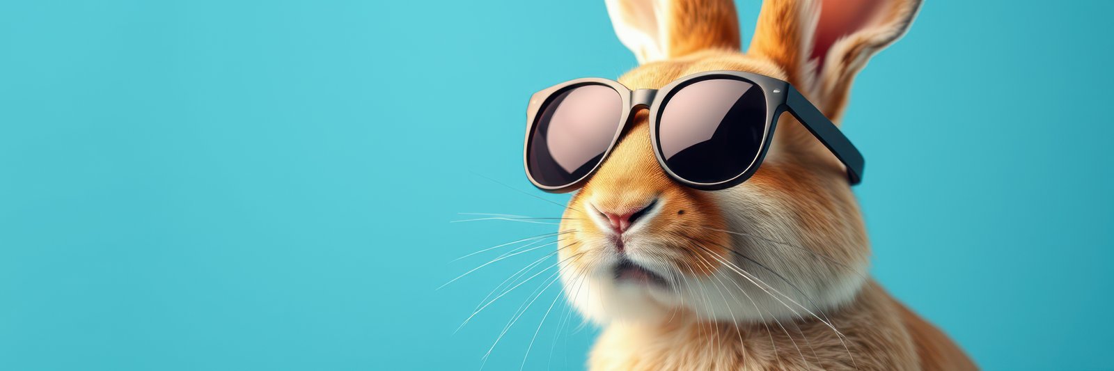 Rabbit wearing sunglasses poses against a vibrant blue background, showcasing a playful and trendy vibe